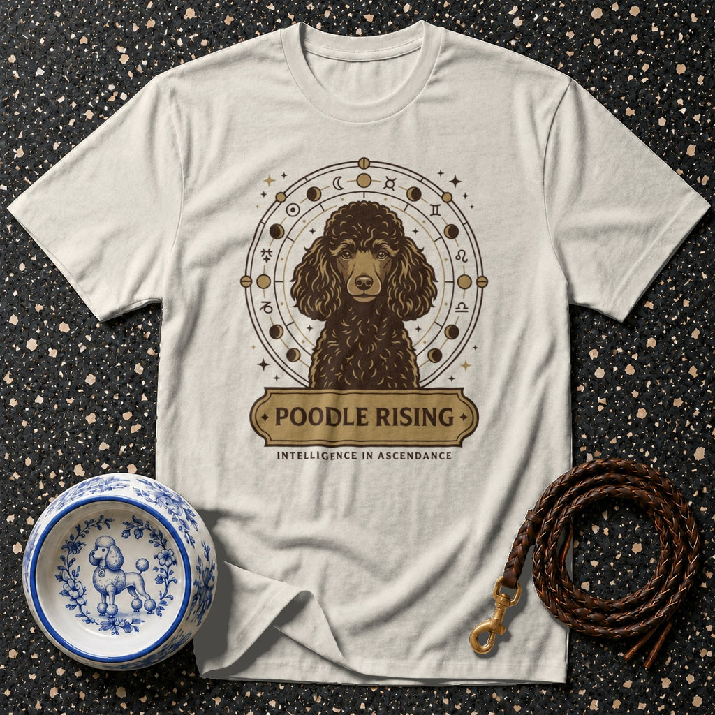 Cream t-shirt with poodle, zodiac circle, and "Poodle Rising" text.