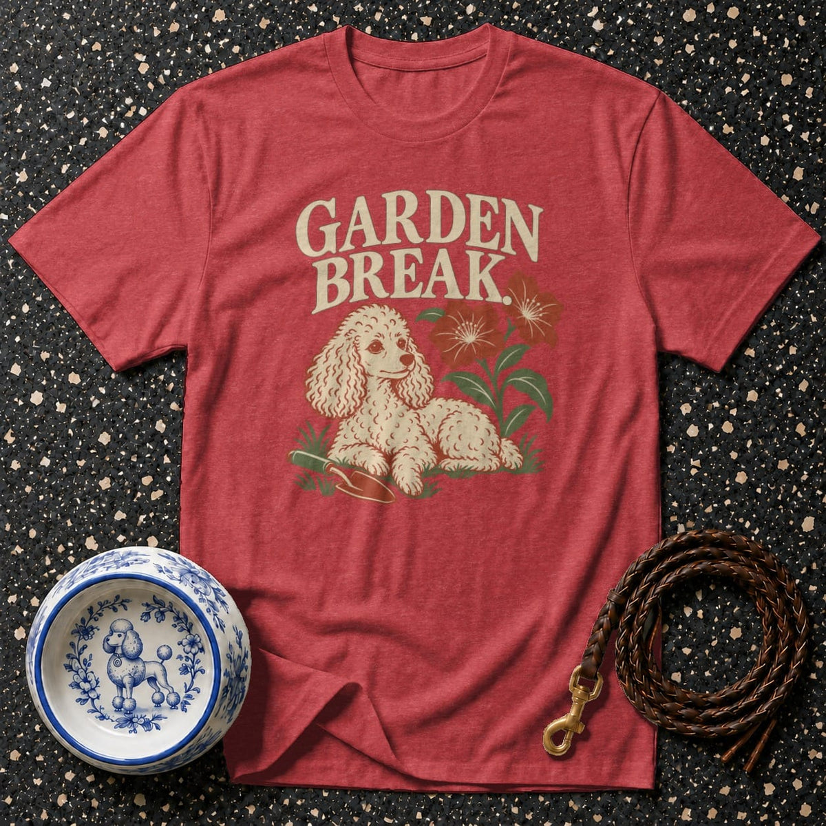 Red t-shirt with "Garden Break" text and poodle graphic.