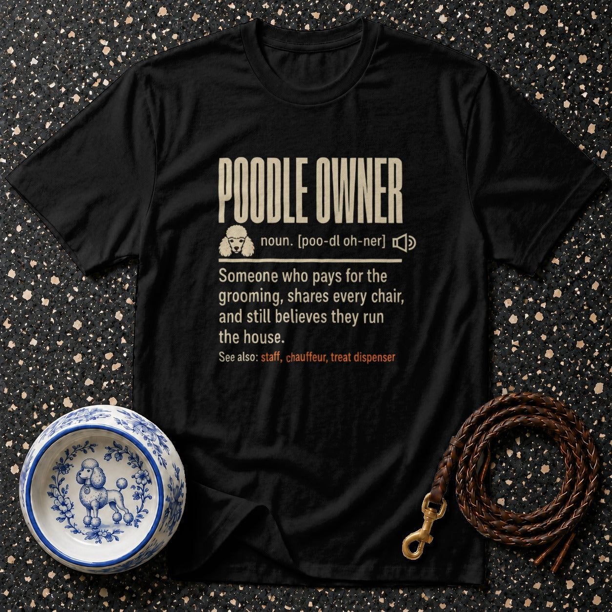 Black t-shirt with "Poodle Owner" definition and poodle imagery.