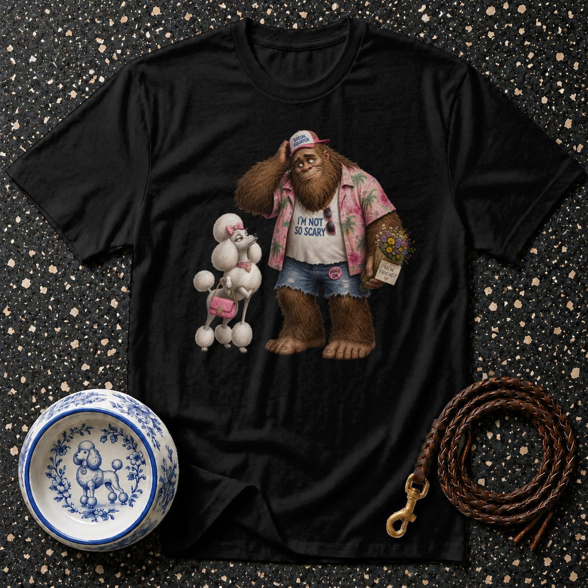 T-shirt Friendly Sasquatch and Poodle T-Shirt Social Squatch T-Shirt | Bigfoot & Poodle Tee