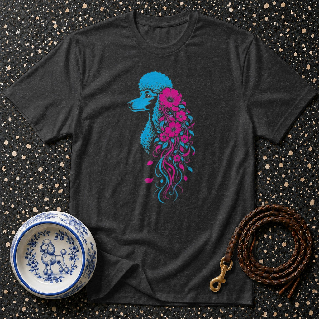 Dark t-shirt with blue and pink poodle adorned with flowers.