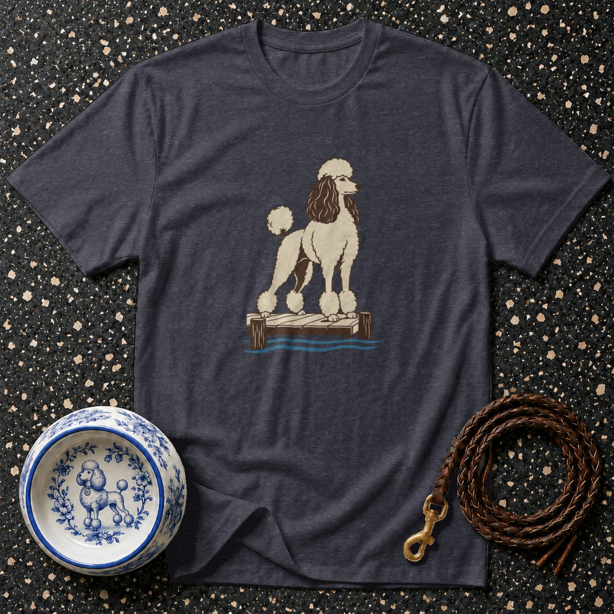 Dark grey t-shirt with a graphic of a white poodle on a dock.