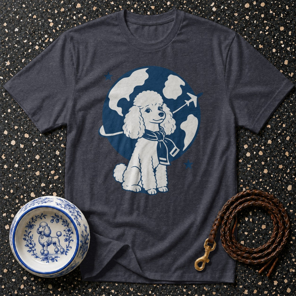 Dark gray t-shirt with white poodle graphic wearing a scarf against a blue globe.
