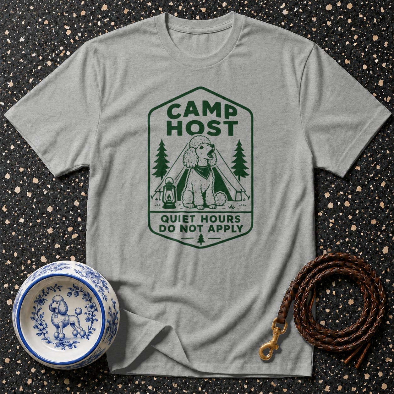 Grey t-shirt with "Camp Host Quiet Hours Do Not Apply" text and poodle graphic.