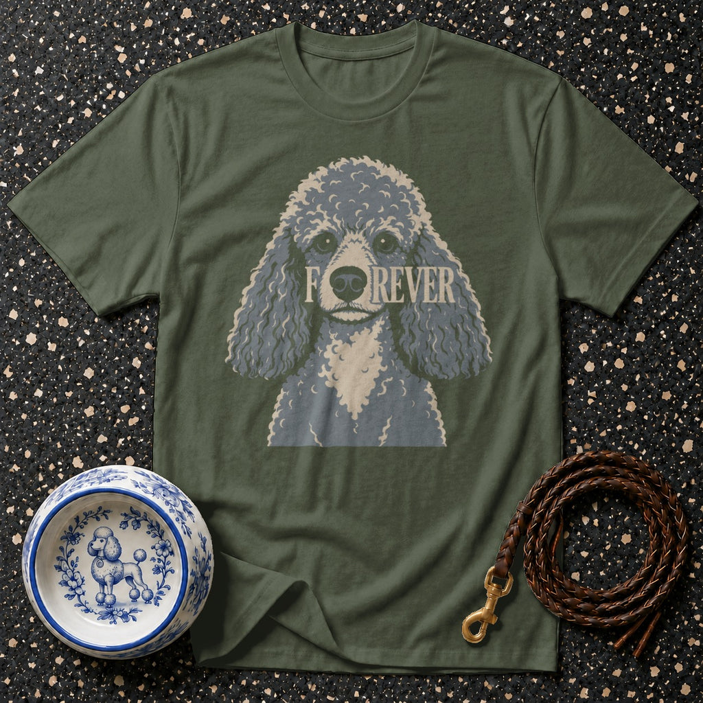 Green t-shirt with a stylized grey poodle graphic and the word "FOREVER" across its face.