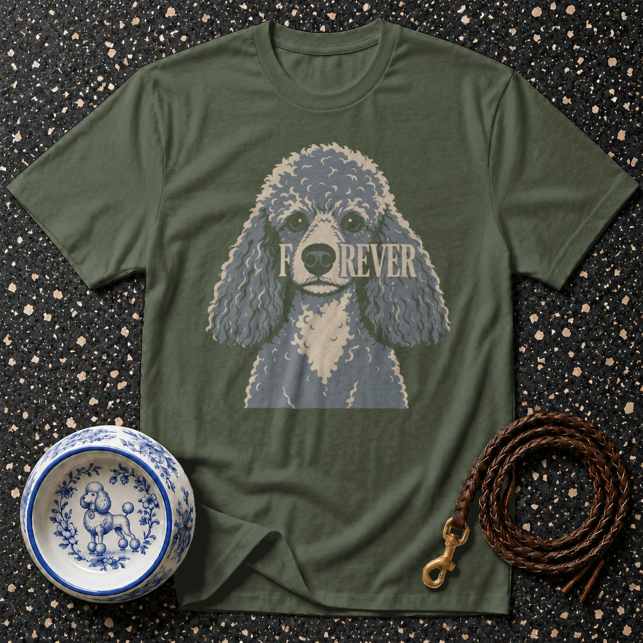 Green t-shirt with a stylized grey poodle graphic and the word "FOREVER" across its face.