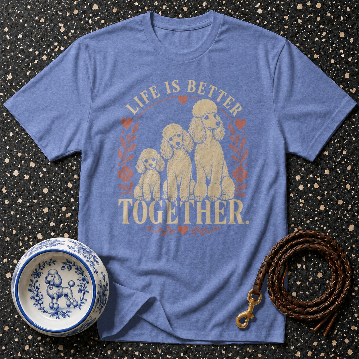 Blue t-shirt with three poodles and text "Life is Better Together".