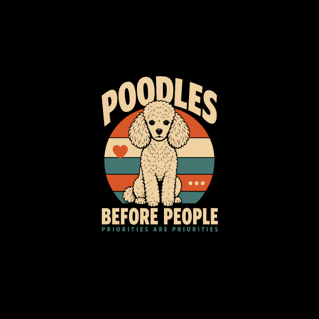 Poodles before people text with a poodle illustration on a retro sunset background.
