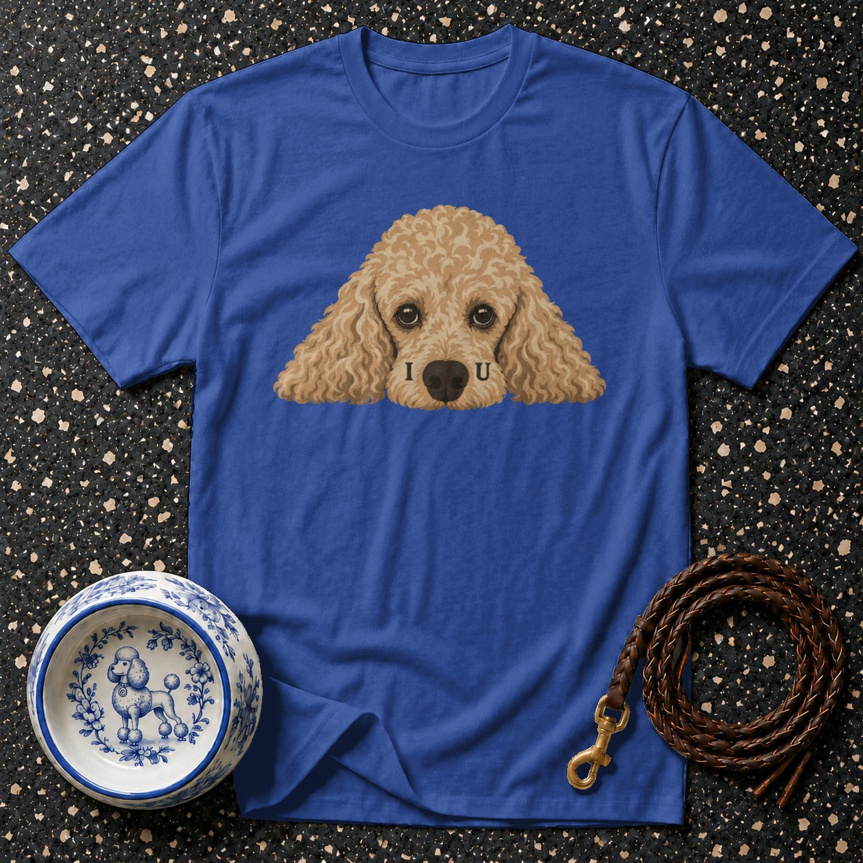 Blue t-shirt with poodle graphic and text "I U"
