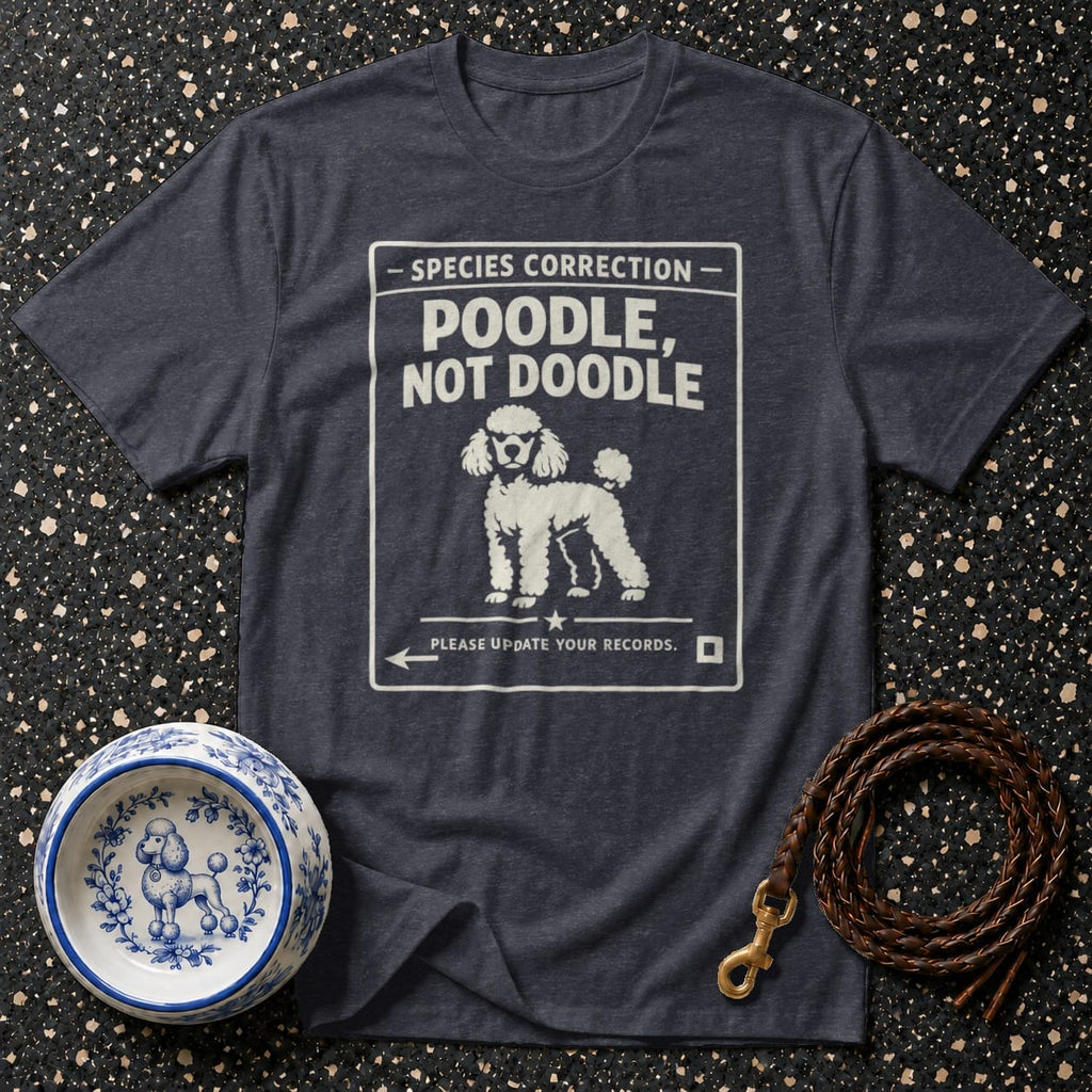 Dark t-shirt with "Poodle, Not Doodle" text and poodle illustration.