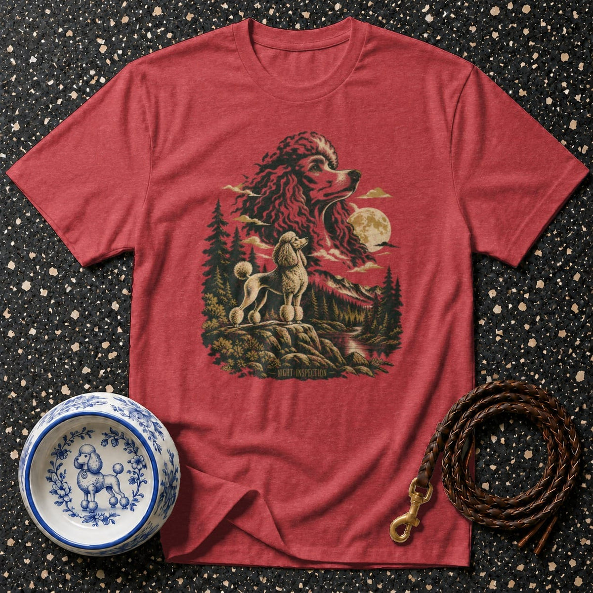 Red t-shirt with a poodle illustration, "Night Inspection" text, a dog bowl, and leash.