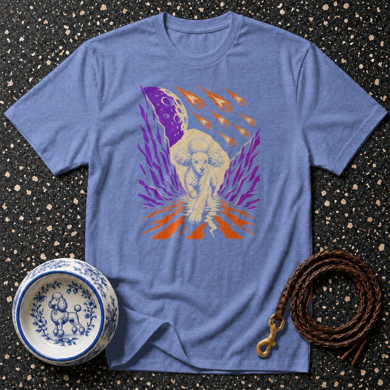 T-shirt with poodle running through meteor shower, moon, and abstract art.