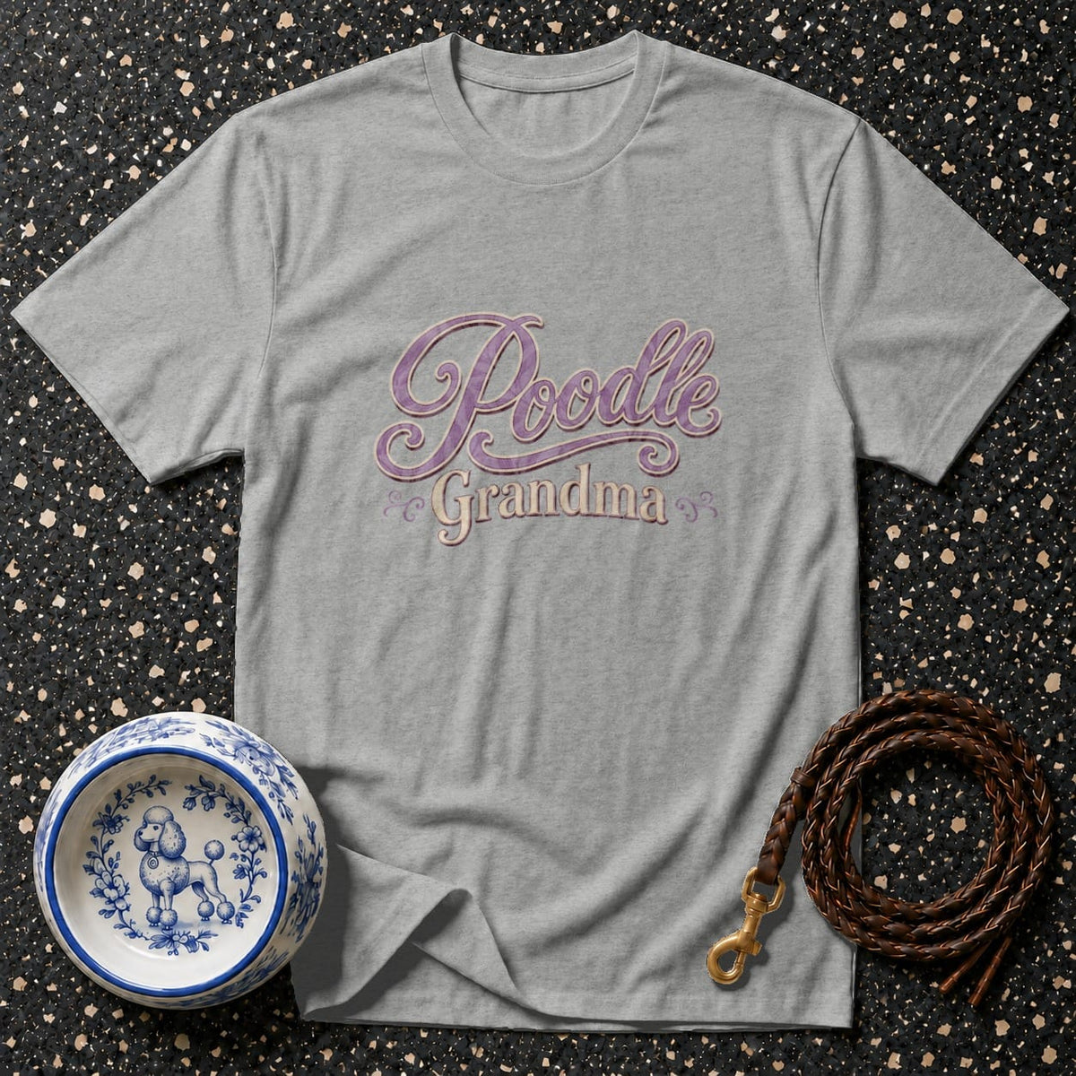 Grey t-shirt with "Poodle Grandma" text, dog bowl, and leash.