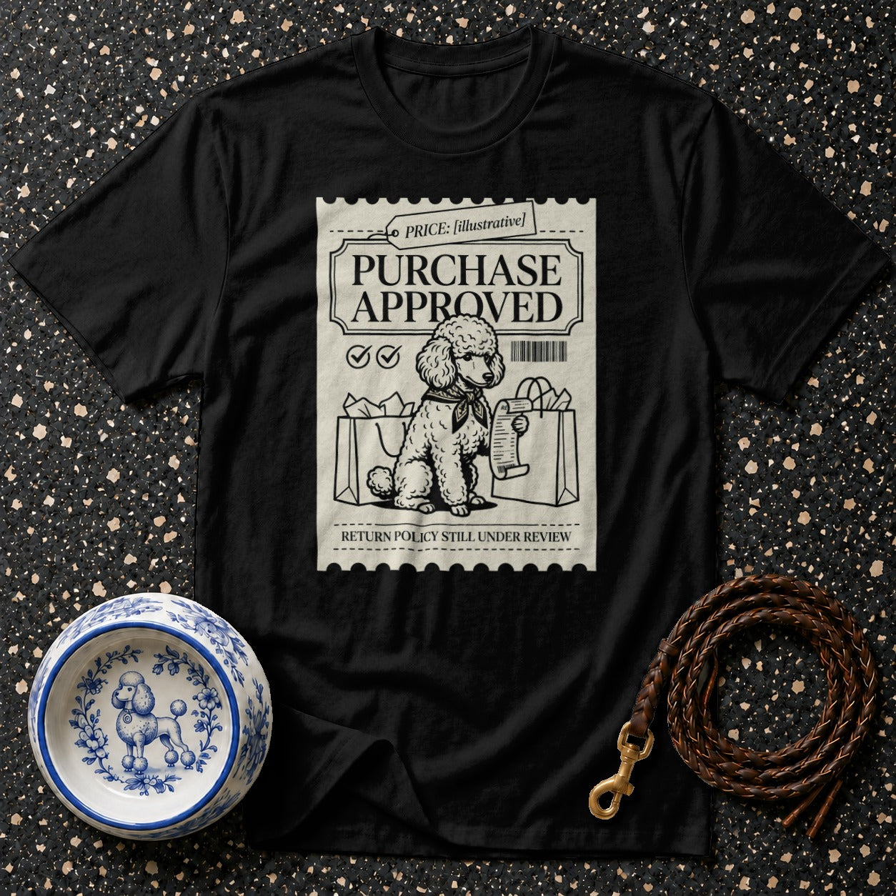 Black t-shirt with "Purchase Approved" design featuring a poodle with shopping bags.