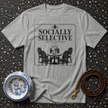 Gray t-shirt with "SOCIALLY SELECTIVE" text and poodle at a table graphic.