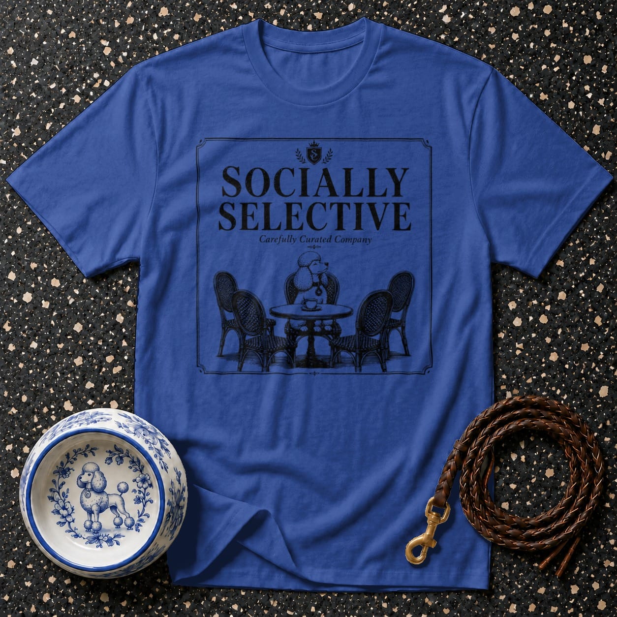 Blue t-shirt with "SOCIALLY SELECTIVE" text and poodle cafe illustration.