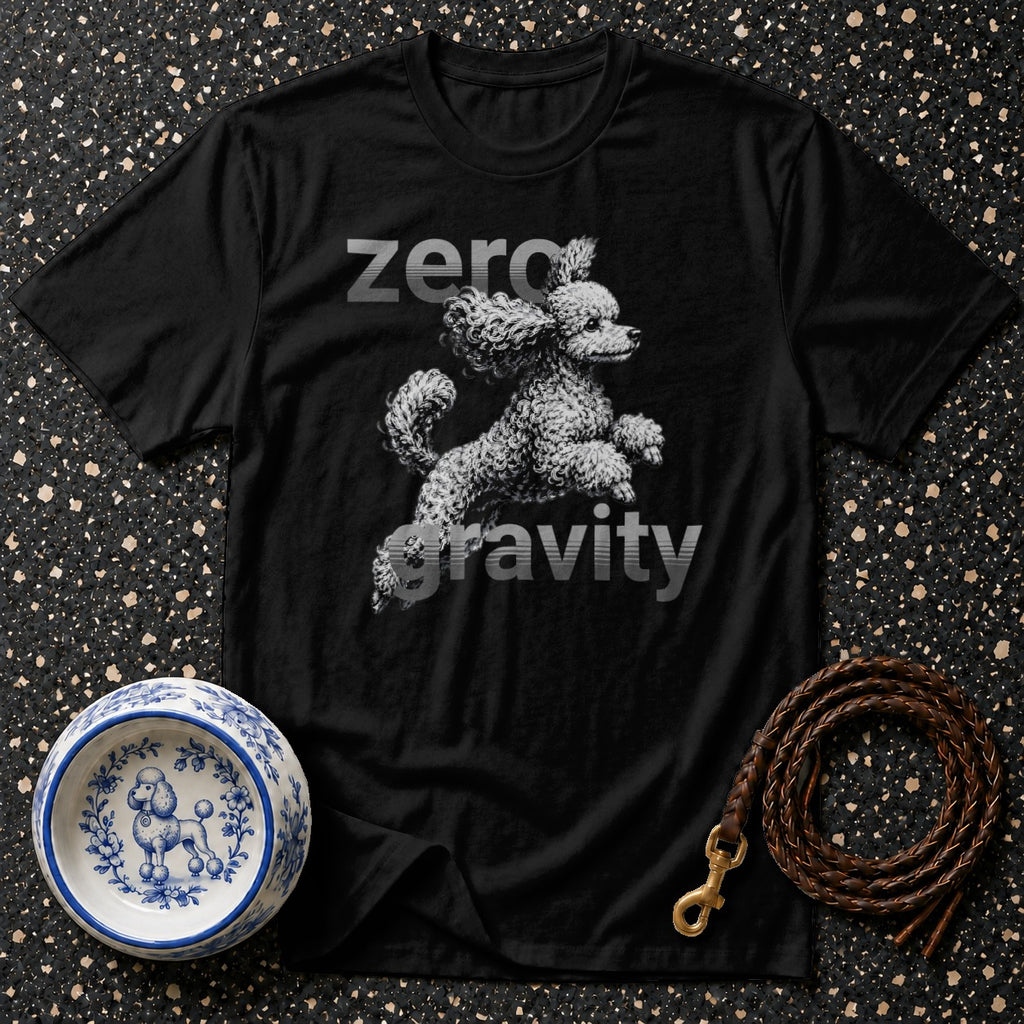 Black t-shirt with "zero gravity" text and a jumping poodle graphic.