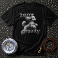 Black t-shirt with "zero gravity" text and a jumping poodle graphic.