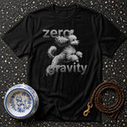 Black t-shirt with "zero gravity" text and a jumping poodle graphic.