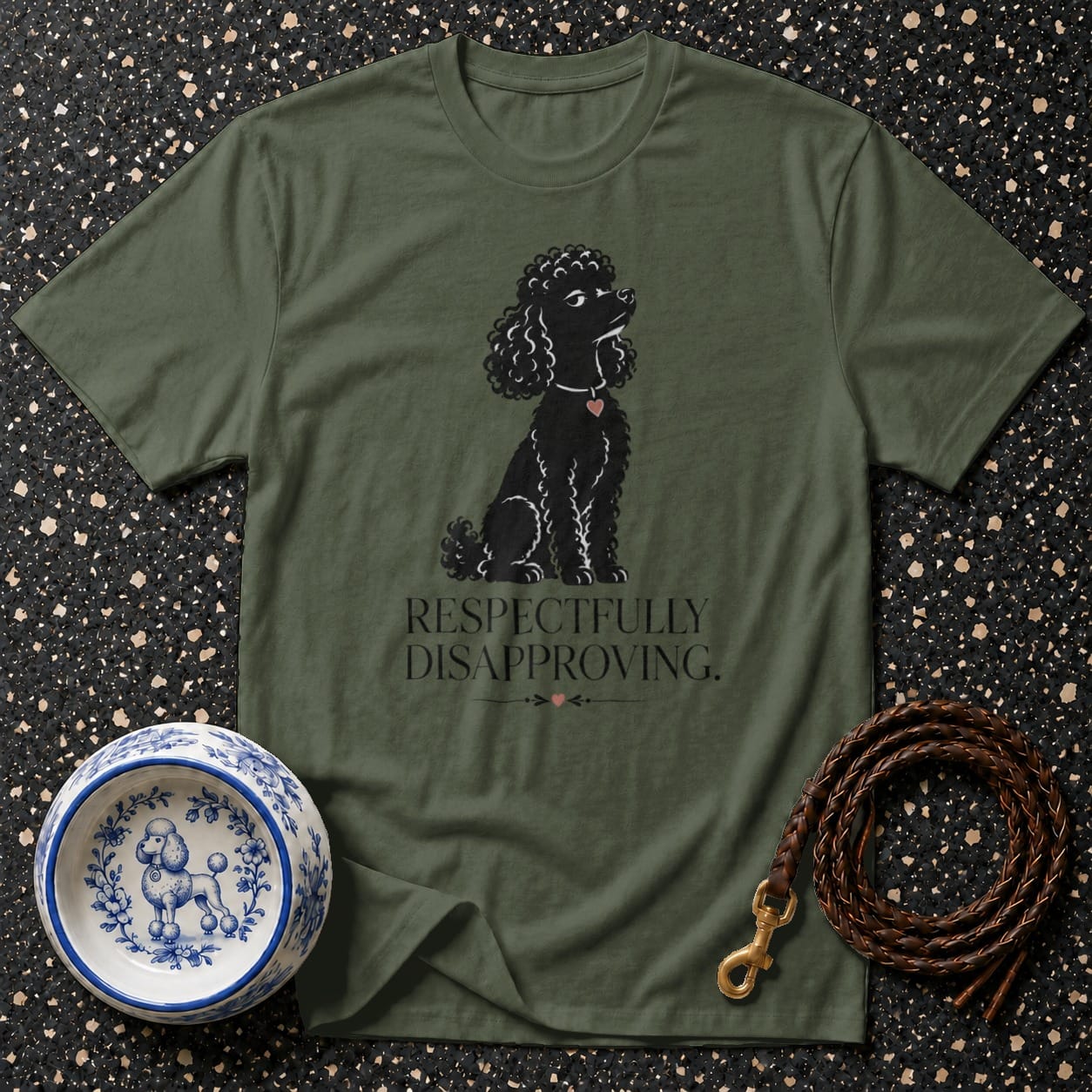 Green t-shirt with black poodle illustration and "Respectfully Disapproving" text.