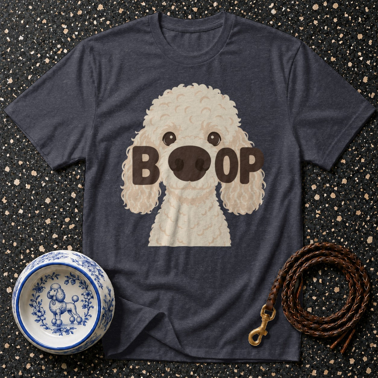 Charcoal t-shirt with cream poodle graphic and "BOOP" text.