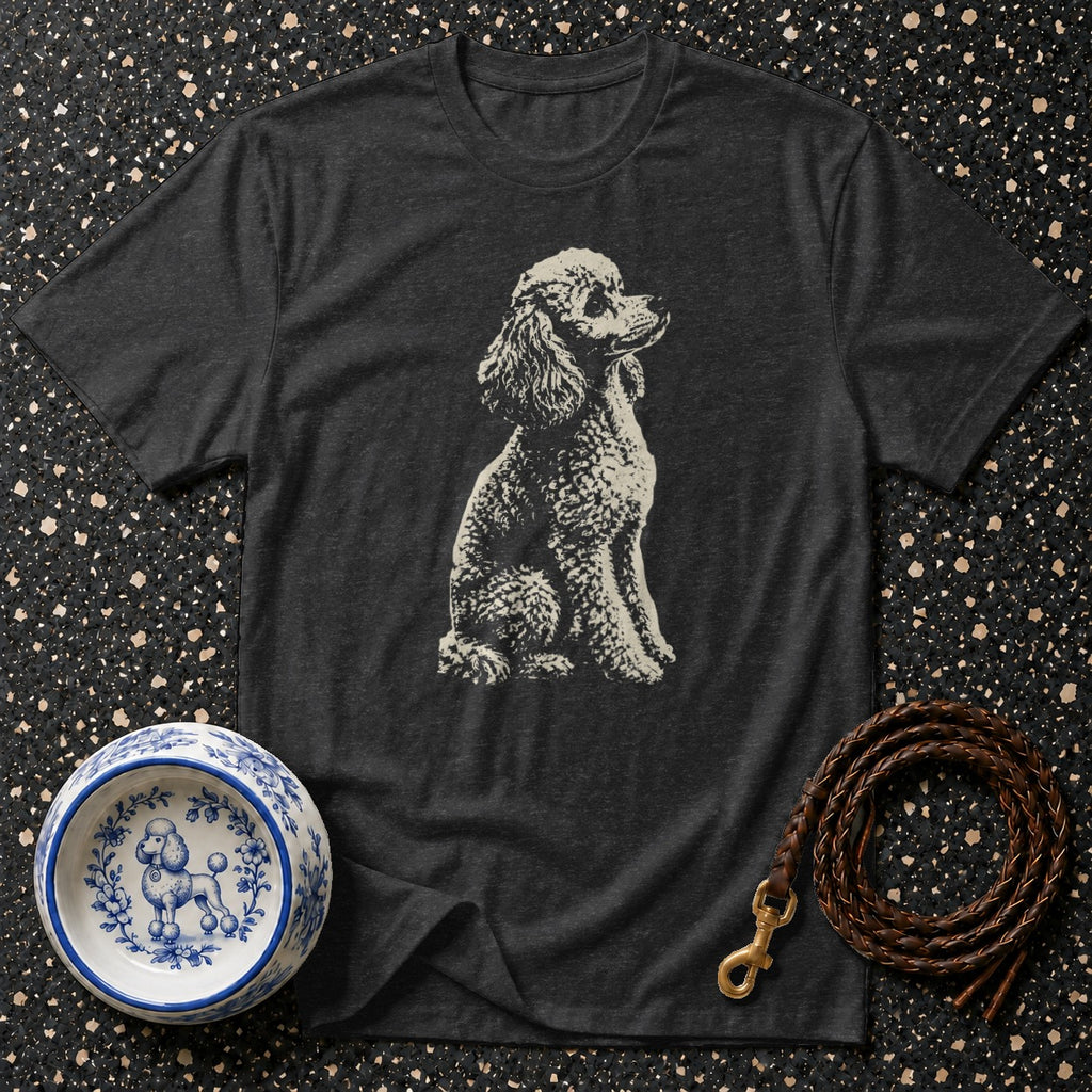 Dark t-shirt with a sitting poodle graphic, ornate dog bowl, and leather leash.