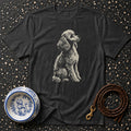 Dark t-shirt with a sitting poodle graphic, ornate dog bowl, and leather leash.
