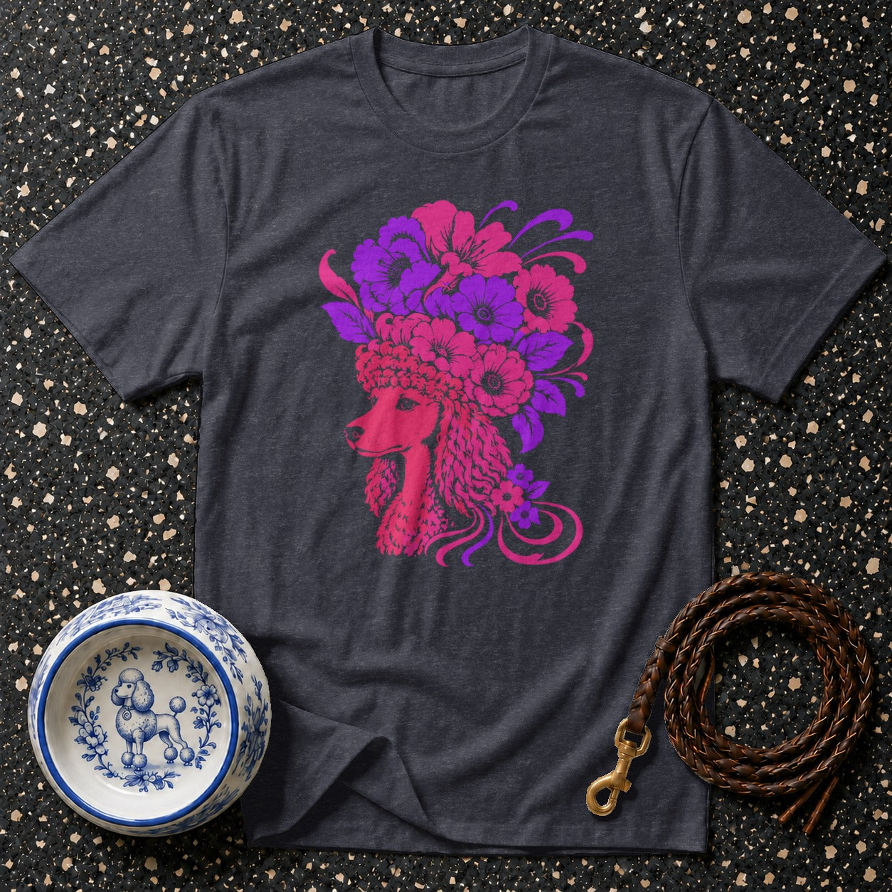 Dark grey t-shirt with a pink and purple poodle floral design.