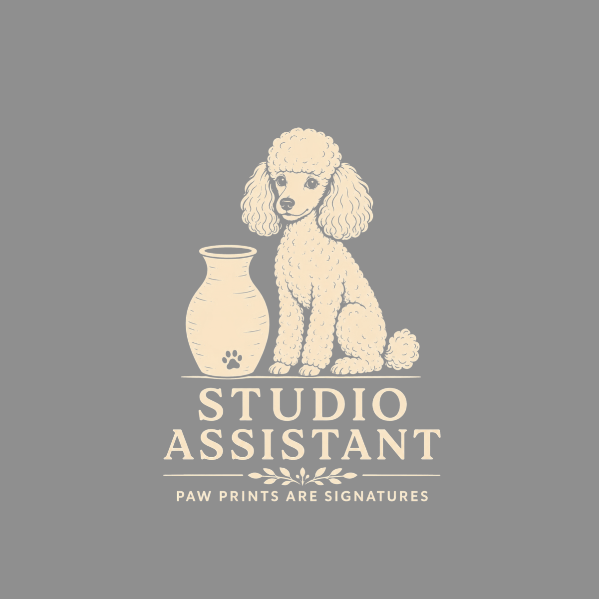 Logo with a poodle, vase, and text "STUDIO ASSISTANT PAW PRINTS ARE SIGNATURES".