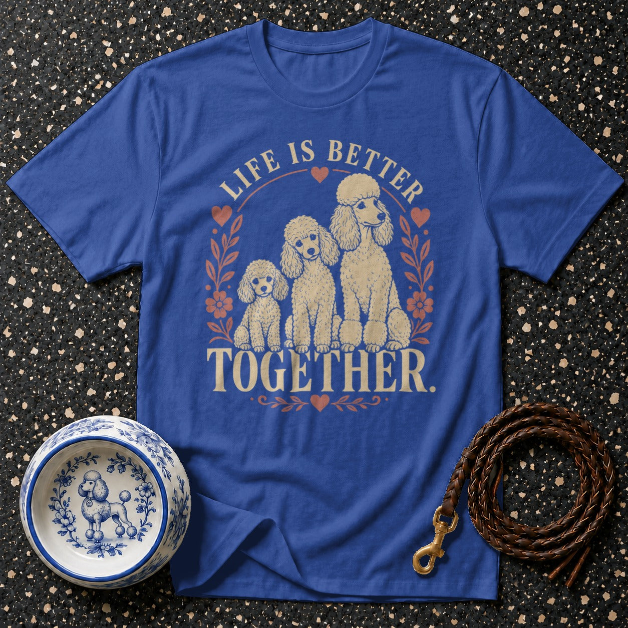 Blue t-shirt with three poodles and text "Life is Better Together".