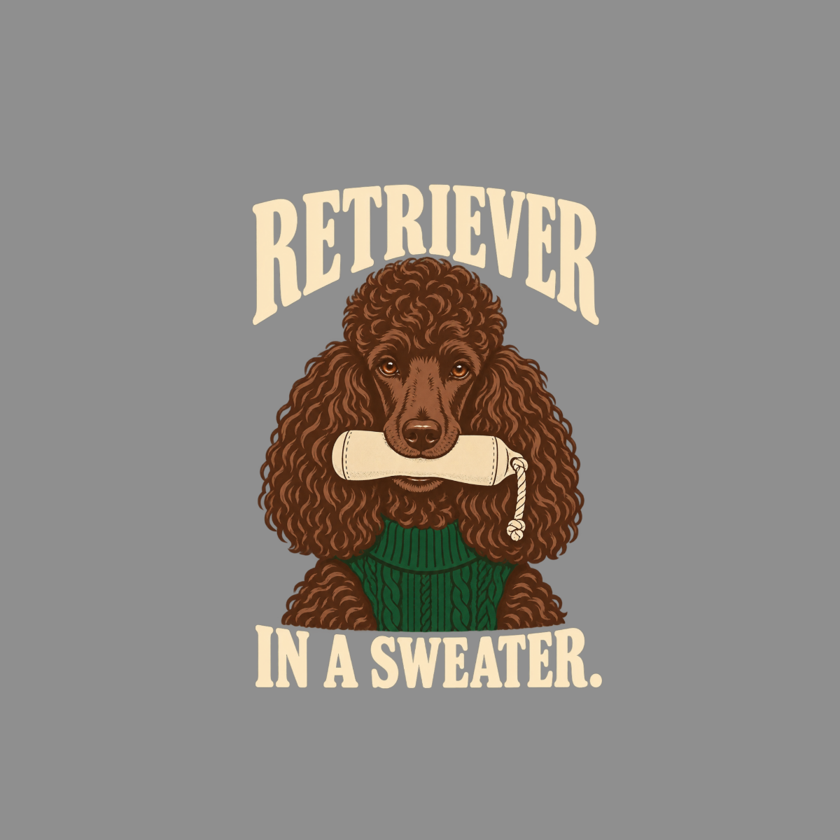 Brown poodle wearing a green sweater holding a rolled-up object in its mouth.