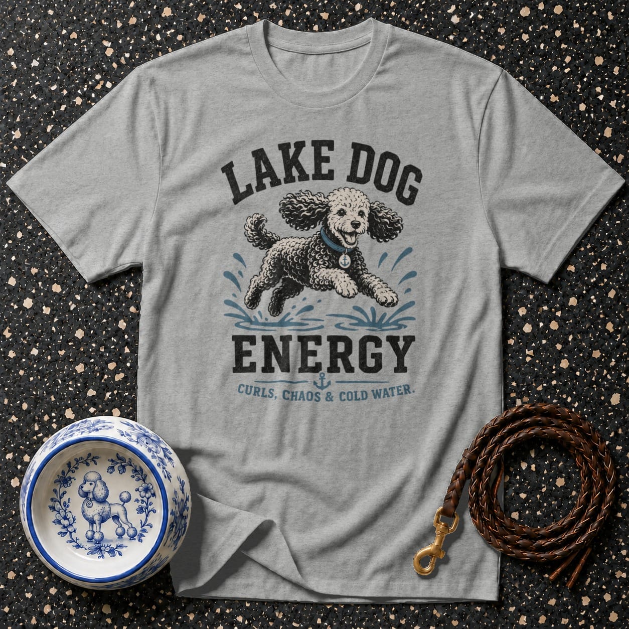 Gray t-shirt with "Lake Dog Energy" and a poodle jumping in water.