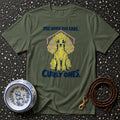 Olive green t-shirt with a yellow poodle design and the text "The House Has Ears. Curly Ones."