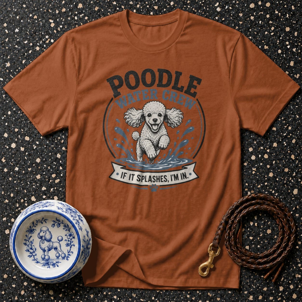 Brown t-shirt with "POODLE WATER CREW" and a running poodle graphic.