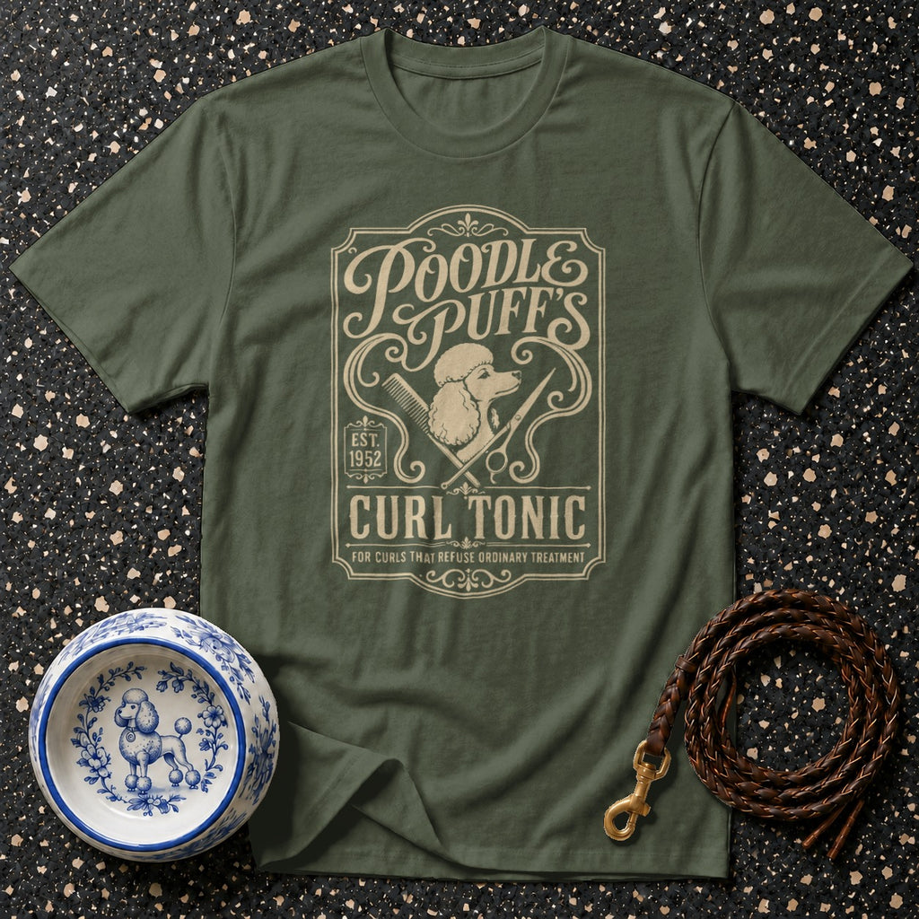Olive green t-shirt with "Poodle Puff's Curl Tonic" graphic and poodle illustration.