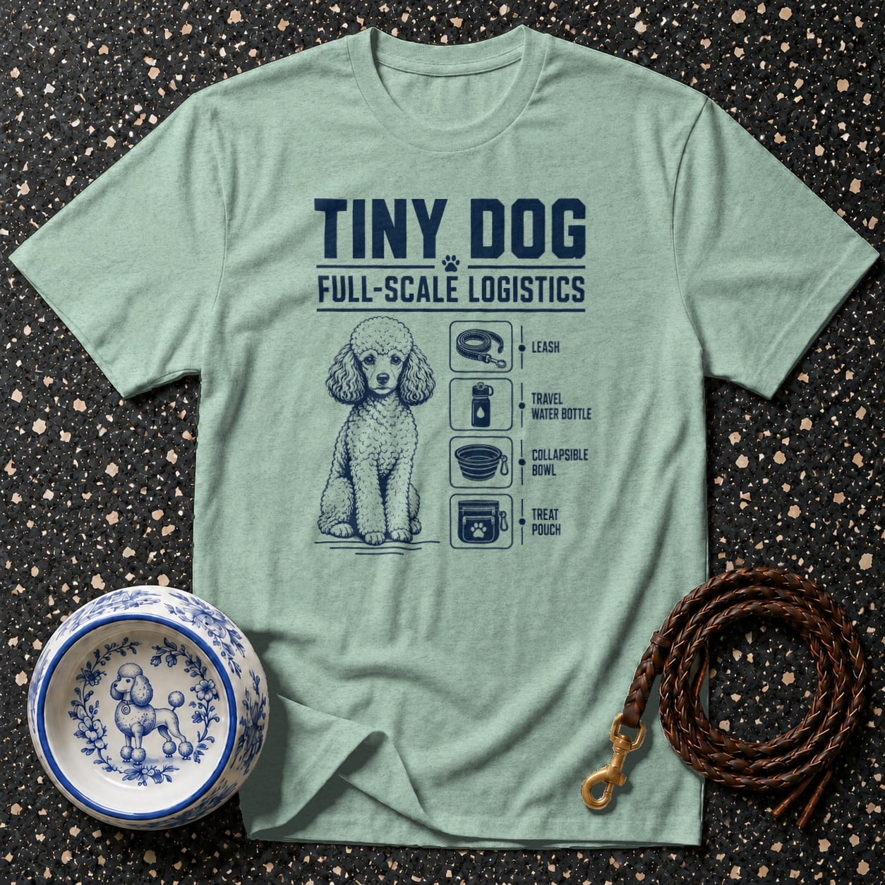 Mint t-shirt with "Tiny Dog Full-Scale Logistics" and poodle graphic.