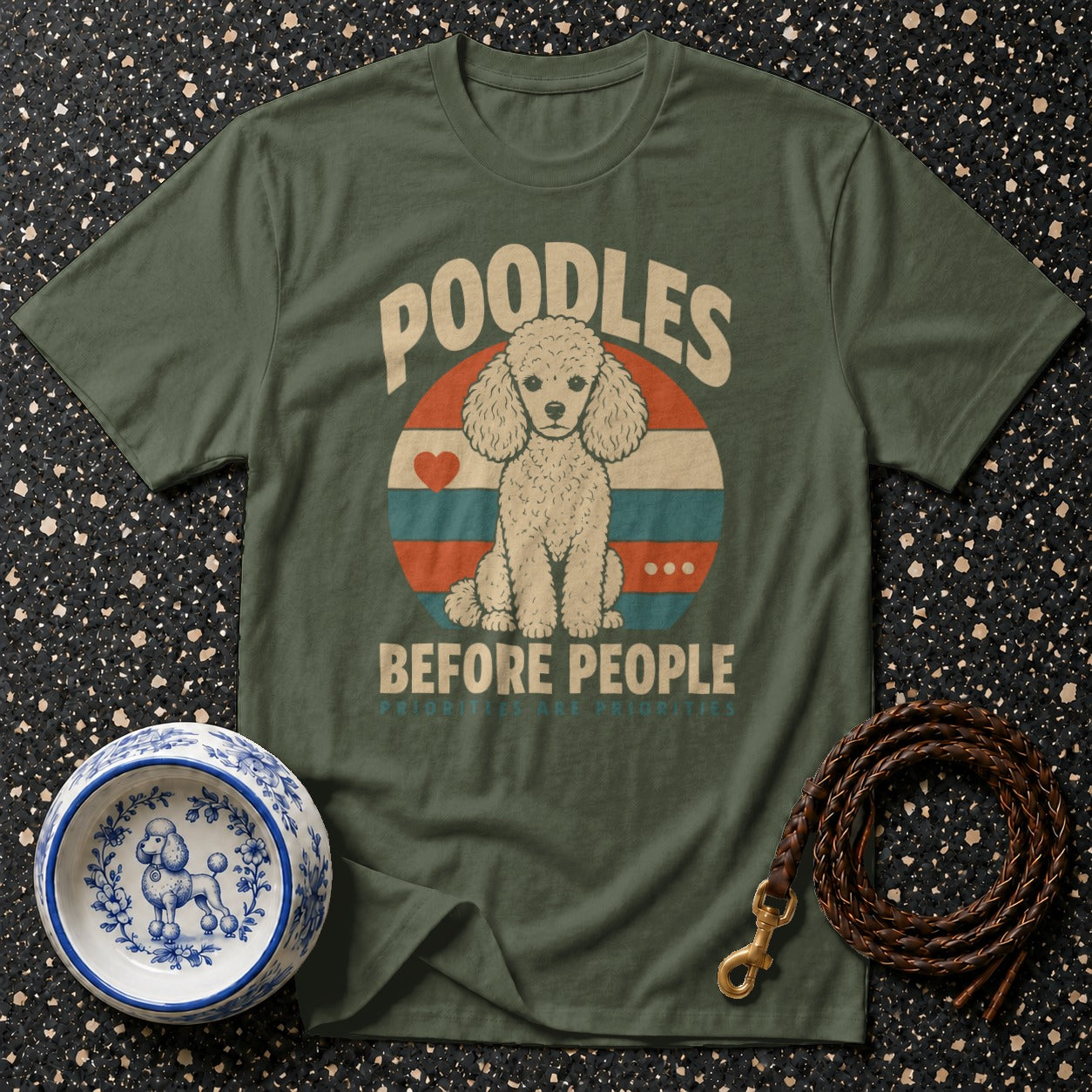 Green t-shirt with "Poodles Before People" text and a poodle graphic.