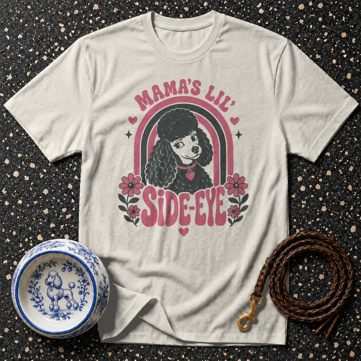 Light grey t-shirt with black poodle graphic and "Mama's Lil' Side-Eye" text.