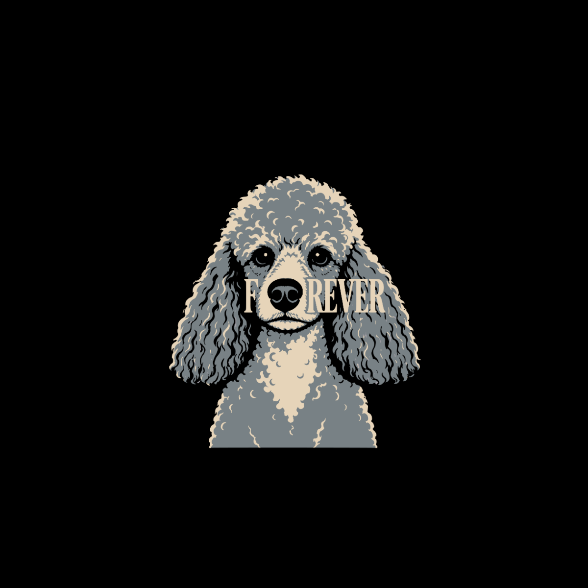 Gray poodle with "FOREVER" text across its face on a black background.