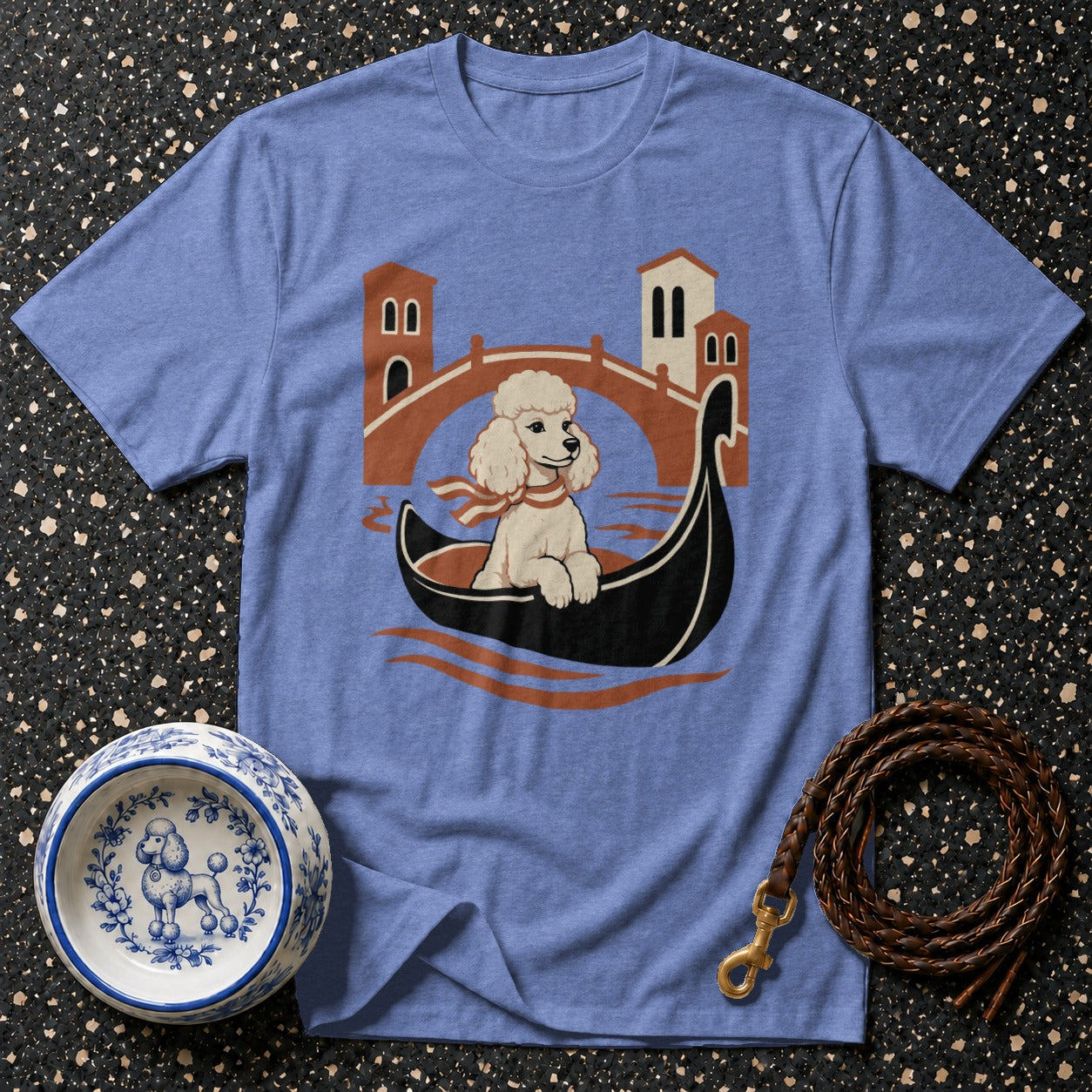 T-shirt with a poodle in a gondola with Venetian architecture.