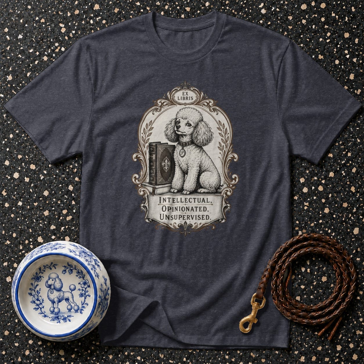 Dark grey t-shirt with a poodle wearing a collar, sitting next to books, with the text "EX LIBRIS" and "INTELLECTUAL, OPINIONATED, UNSUPERVISED."