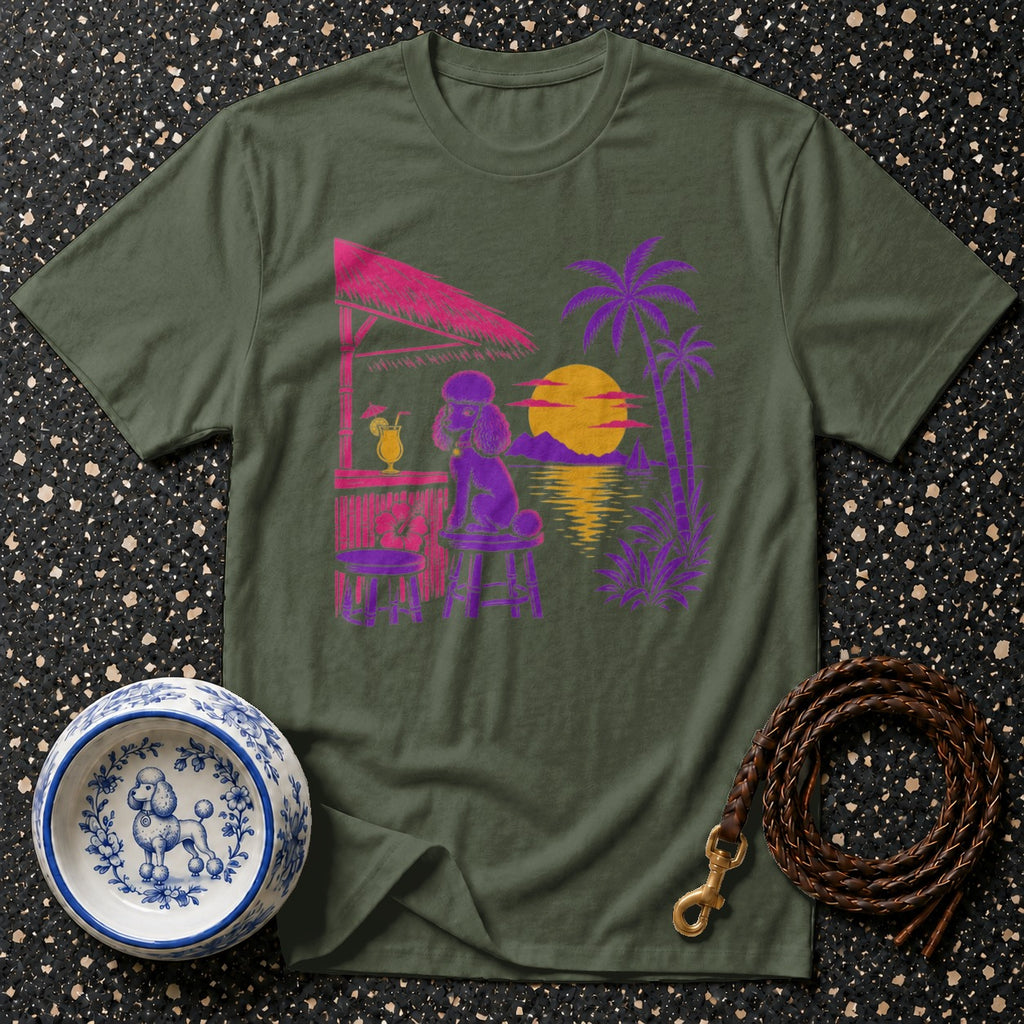 T-shirt graphic of a purple poodle at a tiki bar with sunset and palm trees.