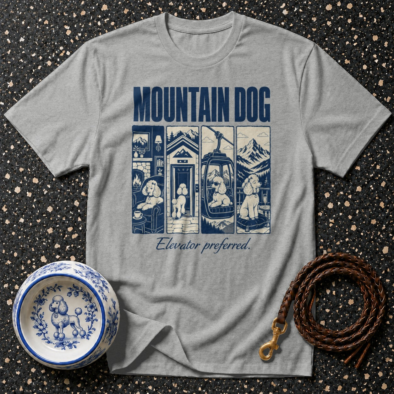 Gray t-shirt with "Mountain Dog" text and four panels of poodles in mountain settings.