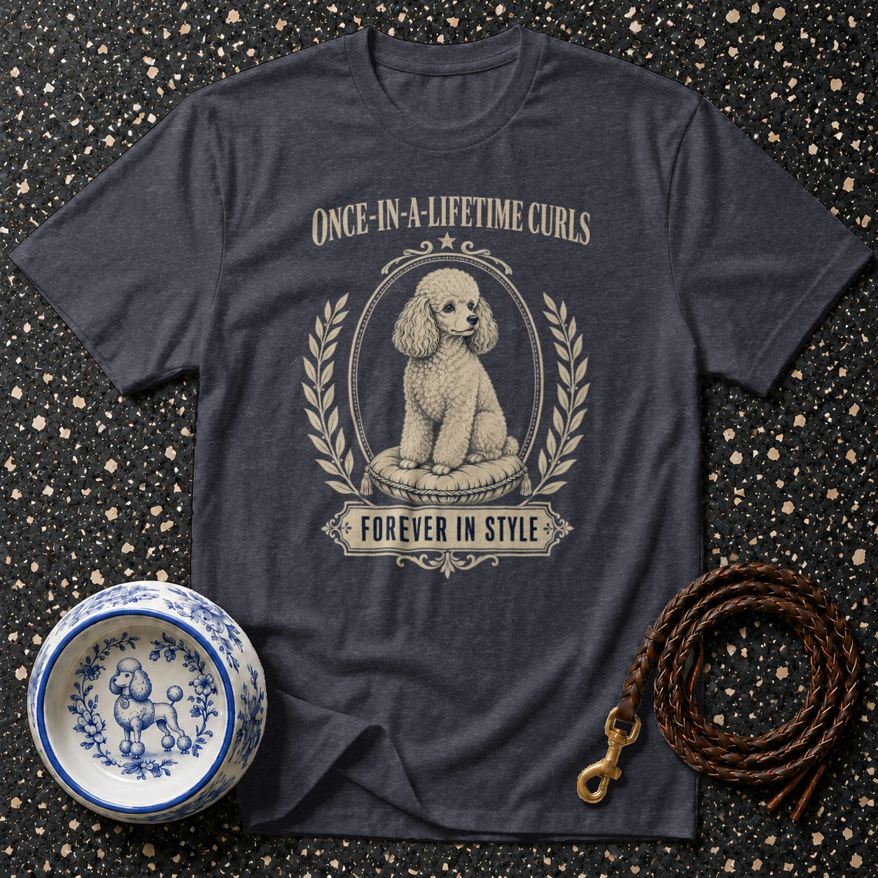 Dark t-shirt with fawn poodle graphic and text "Once-in-a-Lifetime Curls" and "Forever in Style".