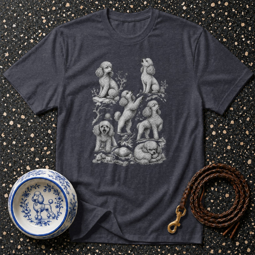 Dark gray t-shirt featuring multiple poodles in various poses, with a dog bowl and leash nearby.