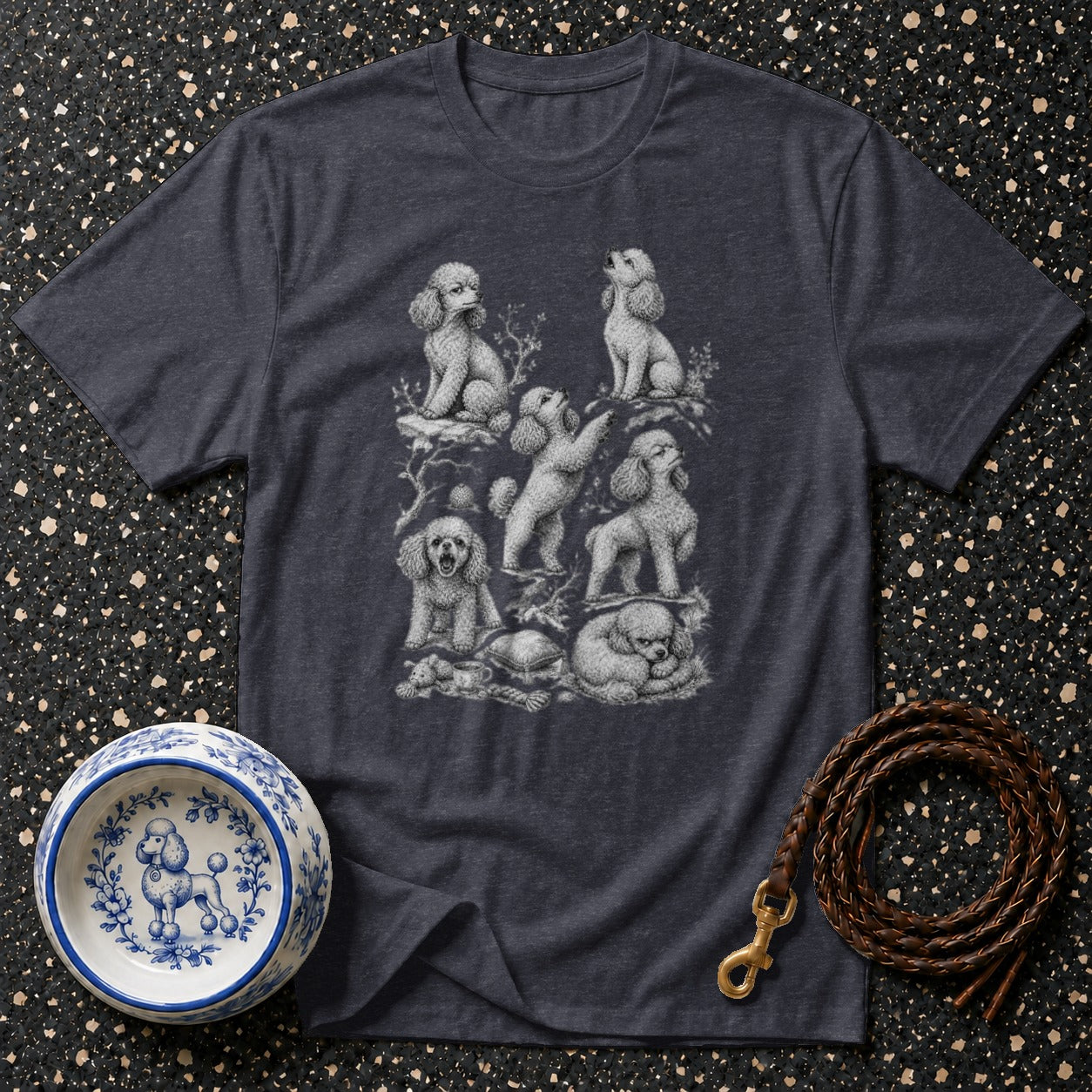 Dark gray t-shirt featuring multiple poodles in various poses, with a dog bowl and leash nearby.