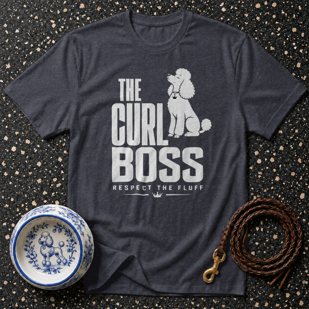 Dark charcoal t-shirt with white text "THE CURL BOSS RESPECT THE FLUFF" and a poodle graphic.