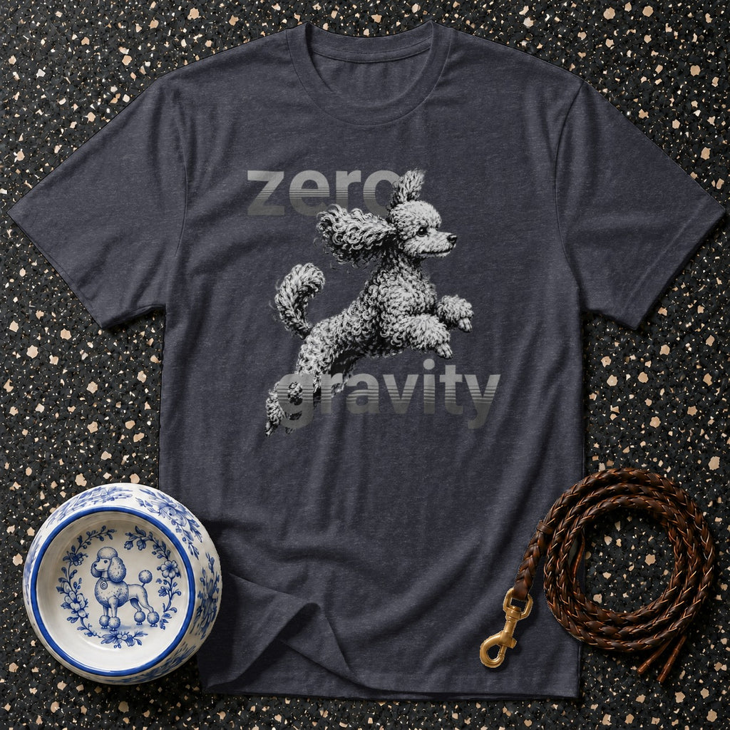 Dark heather t-shirt with "Zero Gravity" text and a poodle illustration.