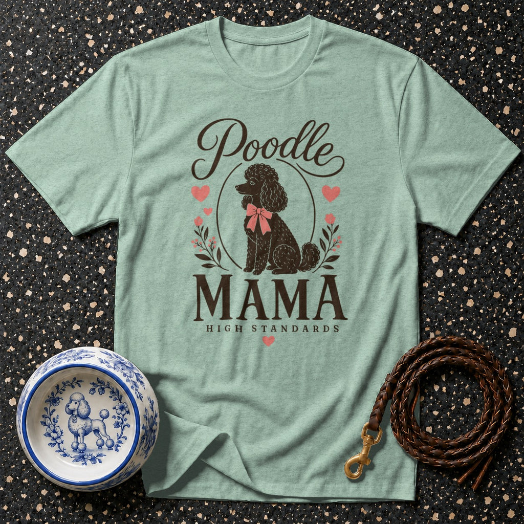 Light mint t-shirt with poodle mama graphic and dog bowl and leash.