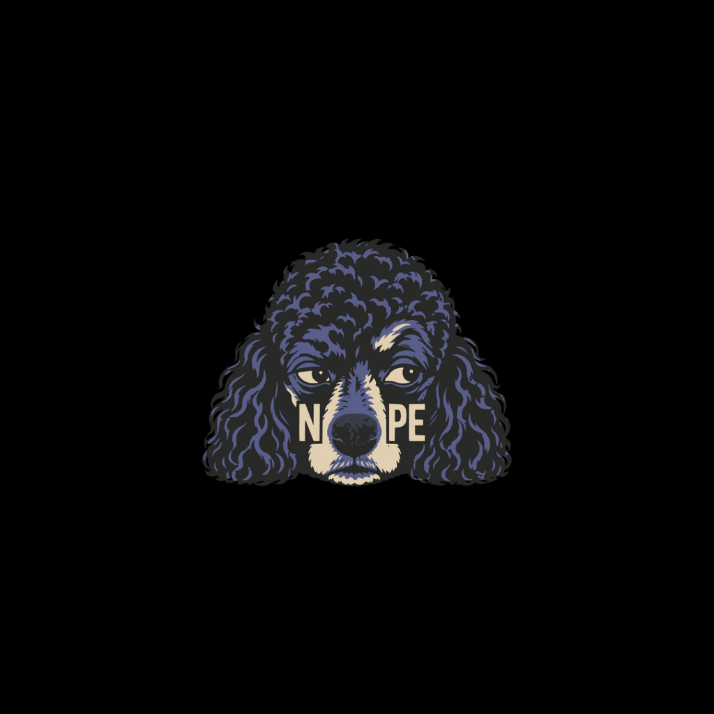 Poodle with "NOPE" written across its face, against a black background.
